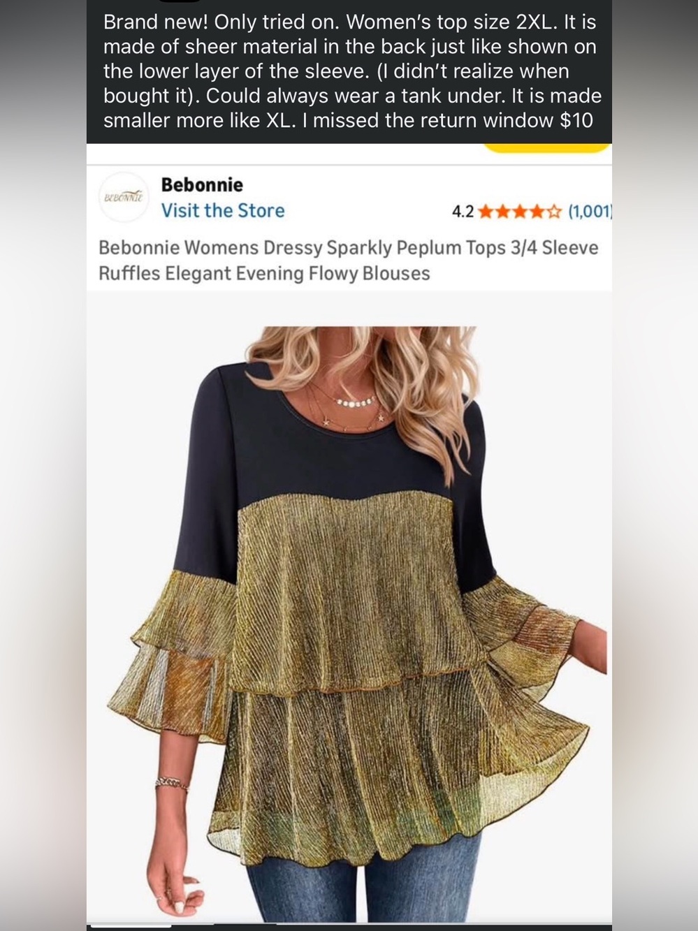 Women's Sparkly Peplum Ruffle Top - Black and Gold